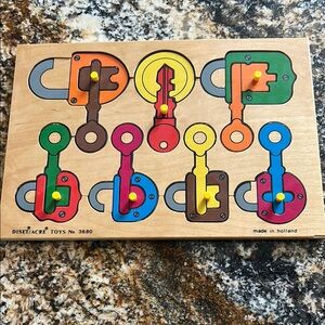 Colorful, Sturdy, Vintage Lock & Key Wooden Puzzle made by Diset/Acre Toys